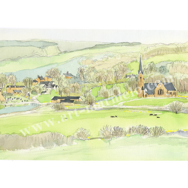 安野光雅の版画「イギリス、スコットランドの村」