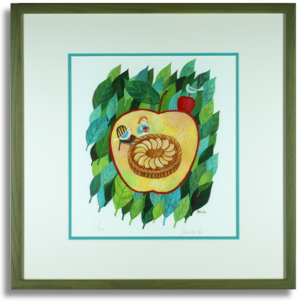 早川靖子の版画「サクサクの林檎パイが焼けました　シュヴァルツバルトの秋の一日」額装