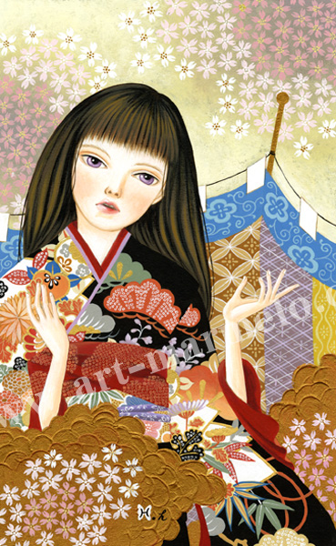 樋口裕子の版画「桜と幕」