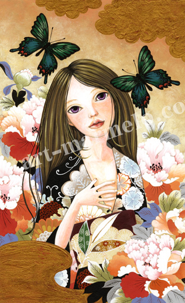 樋口裕子の版画「蝶と牡丹」