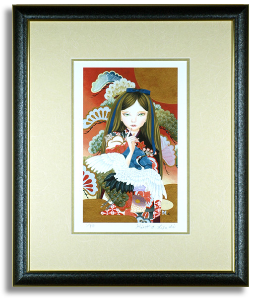 樋口裕子の版画「松と鶴」額装