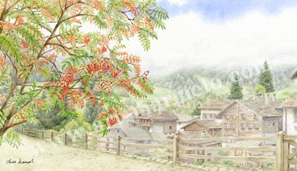 金井千絵の版画「小さき村シュプリューゲン」