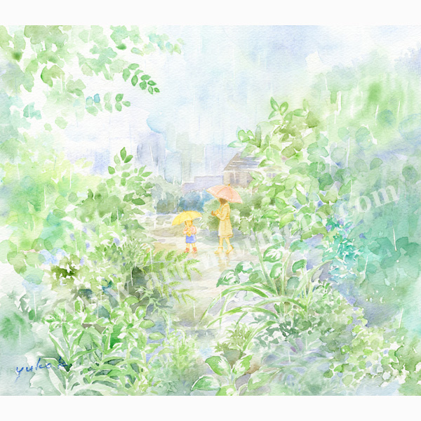 北沢優子の版画「雨の庭」