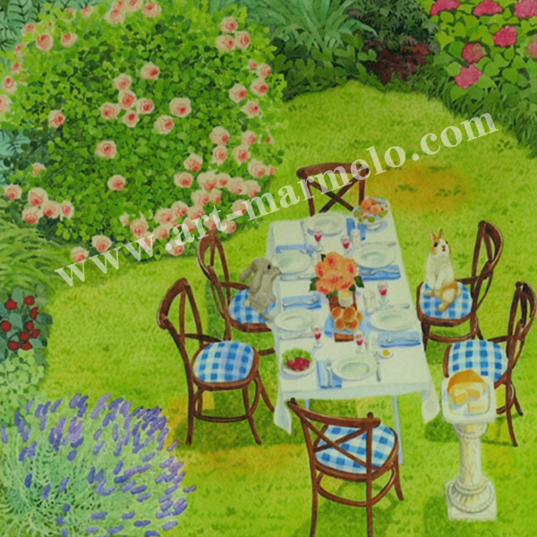 栗乃木ハルミの版画「庭ごはん」