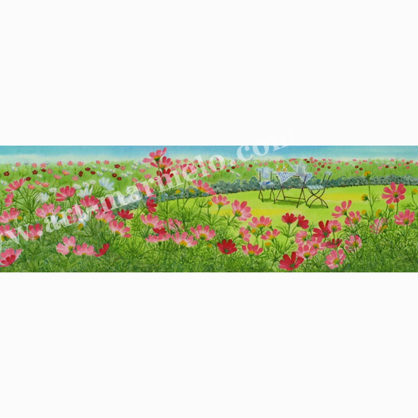 栗乃木ハルミの版画「コスモスにかこまれて」