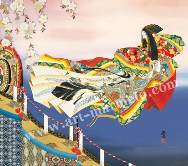 東聖観「竹河桜散る舞い」源氏物語色紙