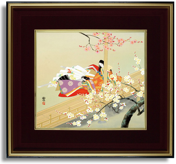 東聖観「紅梅に寄せて」源氏物語色紙額装