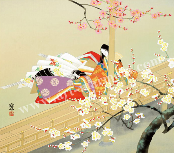 東聖観「紅梅に寄せて」源氏物語色紙