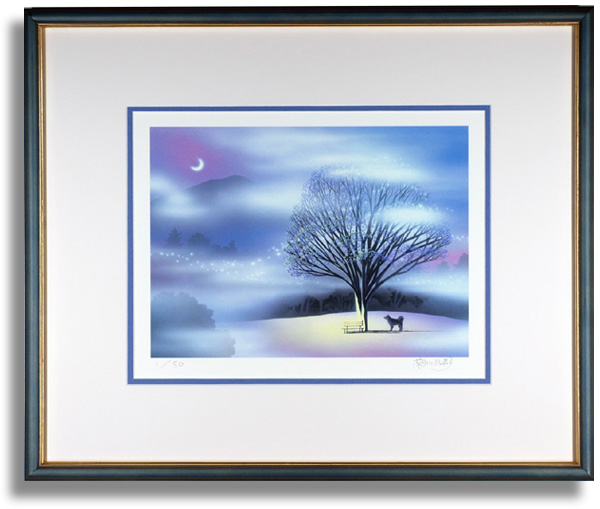 梅川紀美子の版画「霧の吊り橋」額装