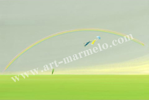 葉祥明の版画「虹の彼方へ」