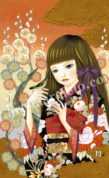 樋口裕子の版画「梅と鶯」