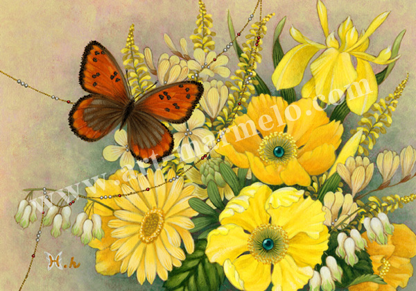 樋口裕子の版画「黄色い花束」