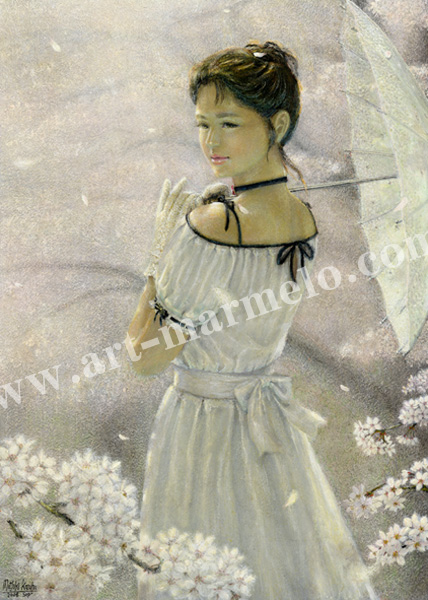 万葉睦月の版画「桜雨」